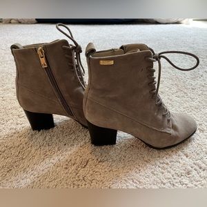 Calvin Klein suede beige, lace-up, heeled booties. Size 5.